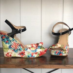 Pink green blue & black floral fabric wedge sandal